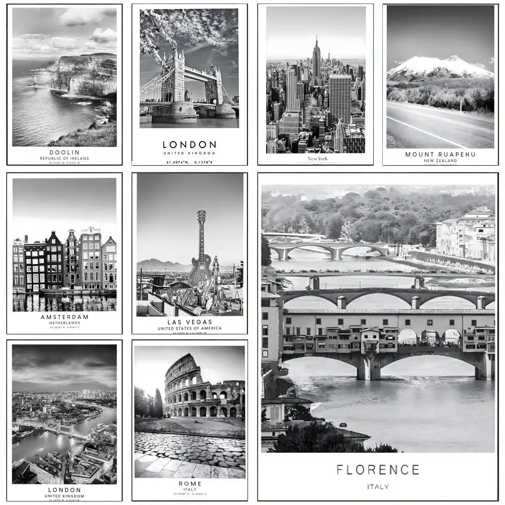 

Florence Italy Rome Travel Art Black and White Poster For Office Bedroom Coffee Home Decor Durable Stickers Wall Art HD