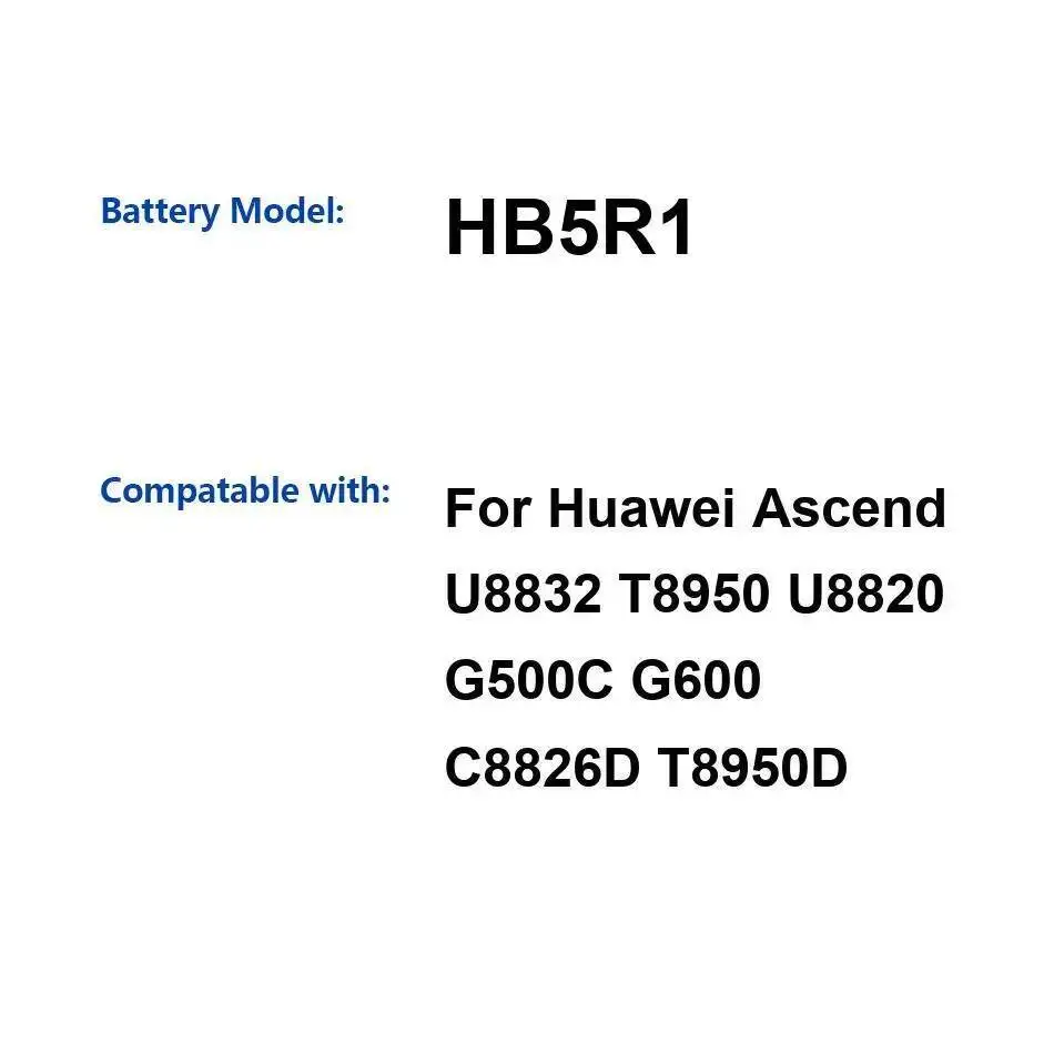 

Mobile Phone Battery 2000Mah For Huawei Ascend U8832 T8950 U8820 G500C G600 C8826D T8950D HB5R1 High-Efficiency Lightweight