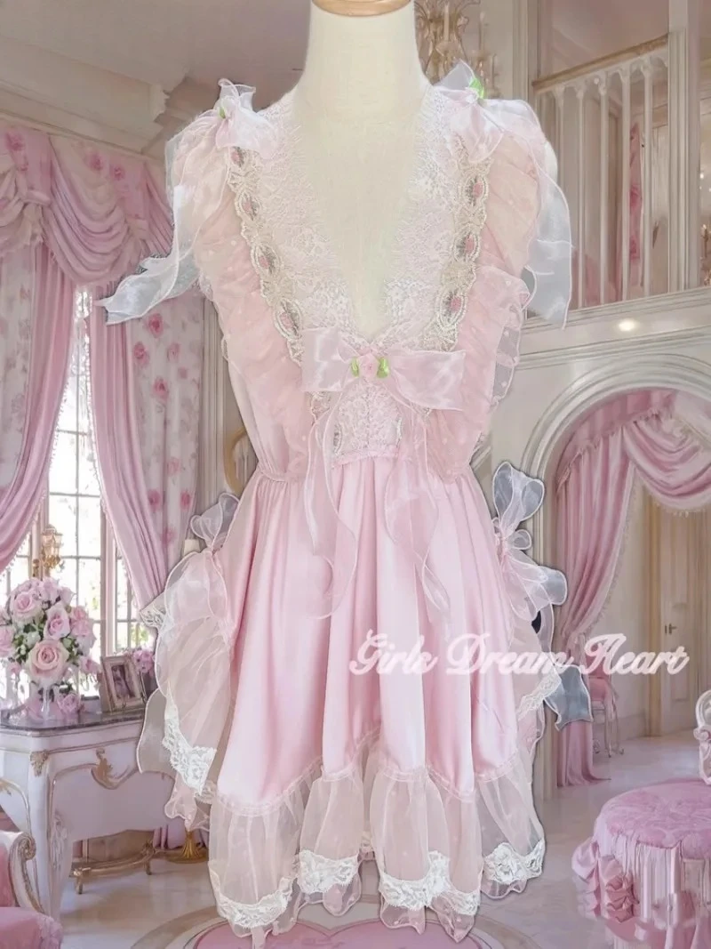 Ręcznie Robione Sukienki Retro w Stylu Dworskim z Haftem, Koronką, Siateczką i Kokardą, Letnie Słodkie Dziewczęce Sukienki na Ramiączkach z Satyny z Dekoltem w Serek i Wysokim Stanem