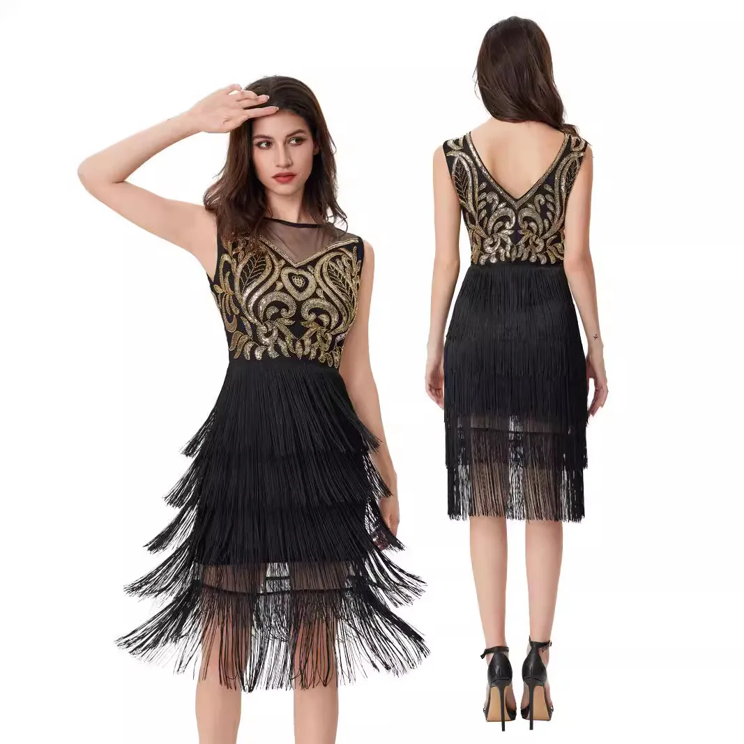 

Glitter Dress 1920s Flapper Retro Slimming Tassel Dress Great Gatsby Cocktail Party Dress Sleeveless Tassel Latin Dance Dress