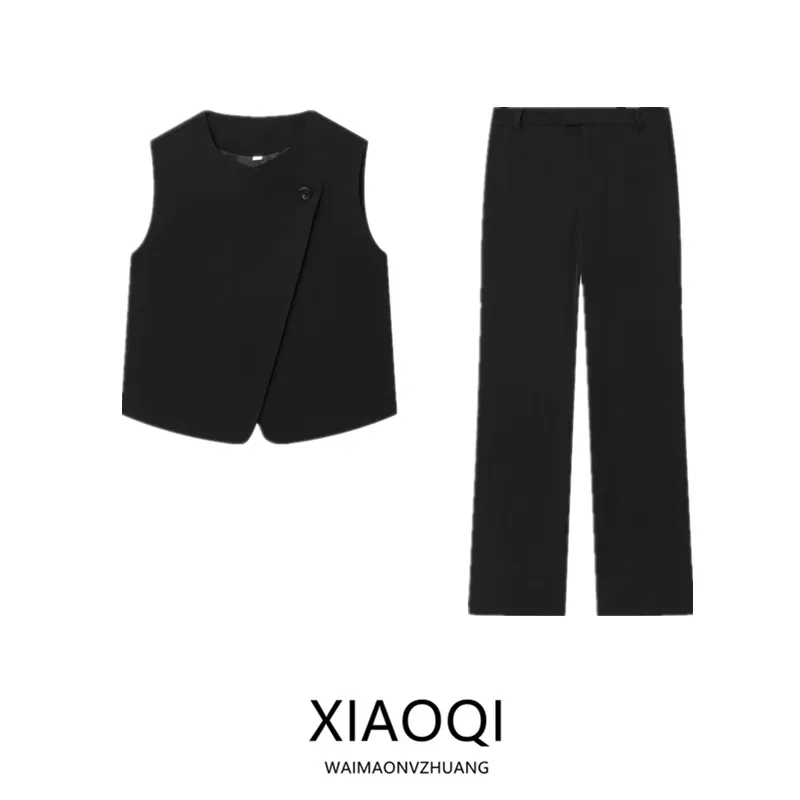 

Осень 2023, новый женский модный жилет на пуговицах, длинные брюки с двойной передней частью, универсальный комплект, брюки со средней талией, европейские брюки
