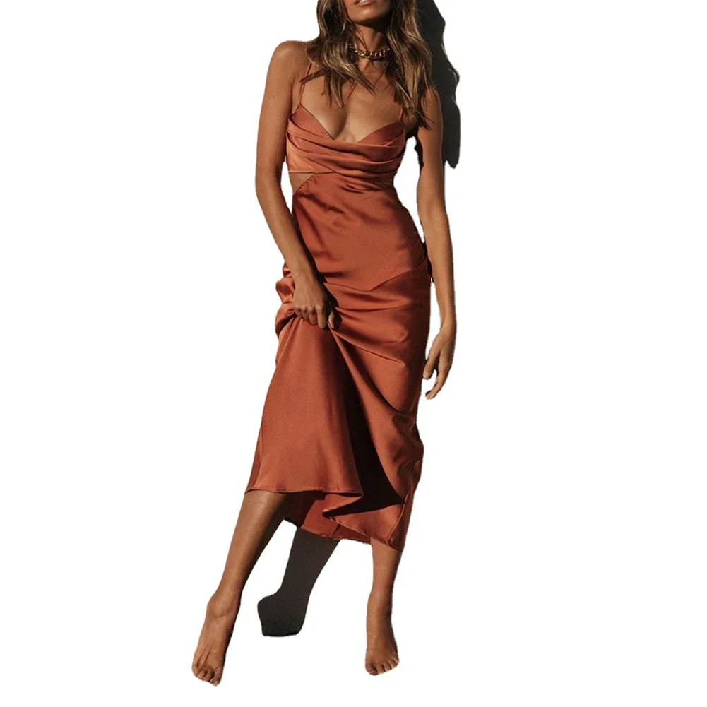 Slip Dress Women Dress Beach Daily Party Breathable Cocktail Party Cut-Out Female Long Low Cup Satin Slight Strech