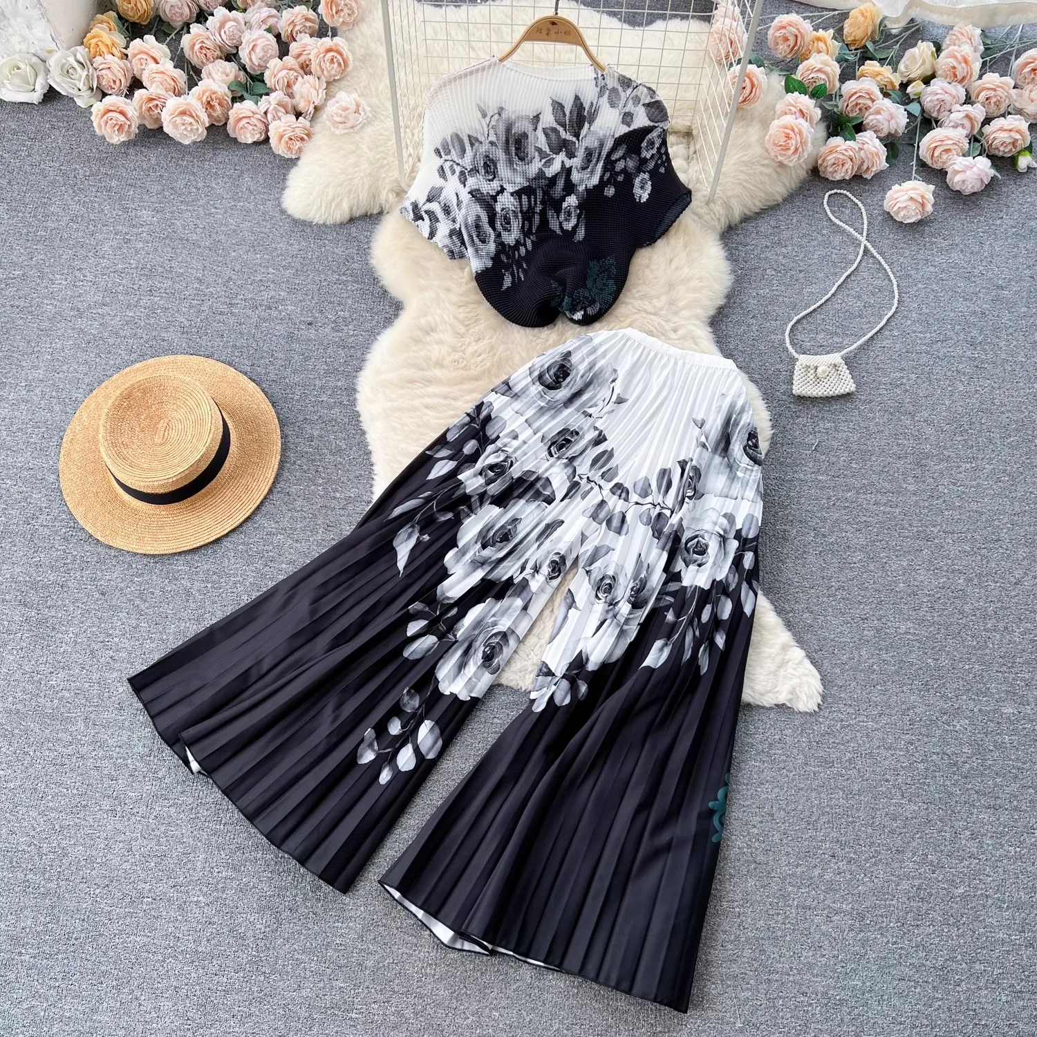 Runway Summer 2 Piece Set Runway Women Flower Print Short Sleeve Loose Shirts + Elastic Waist Pleated Wide Leg Pants Suits