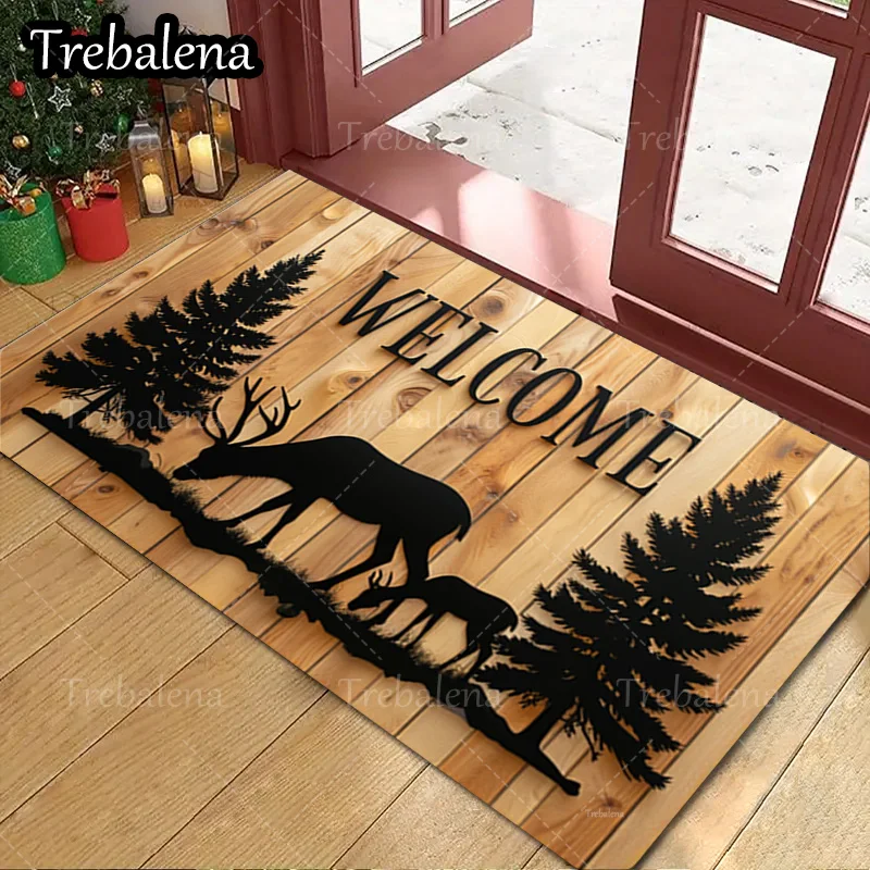 

1pc Welcome Door Mat Welcome Deer and Pine Tree Doormat Rustic Home Decor Floor Mat