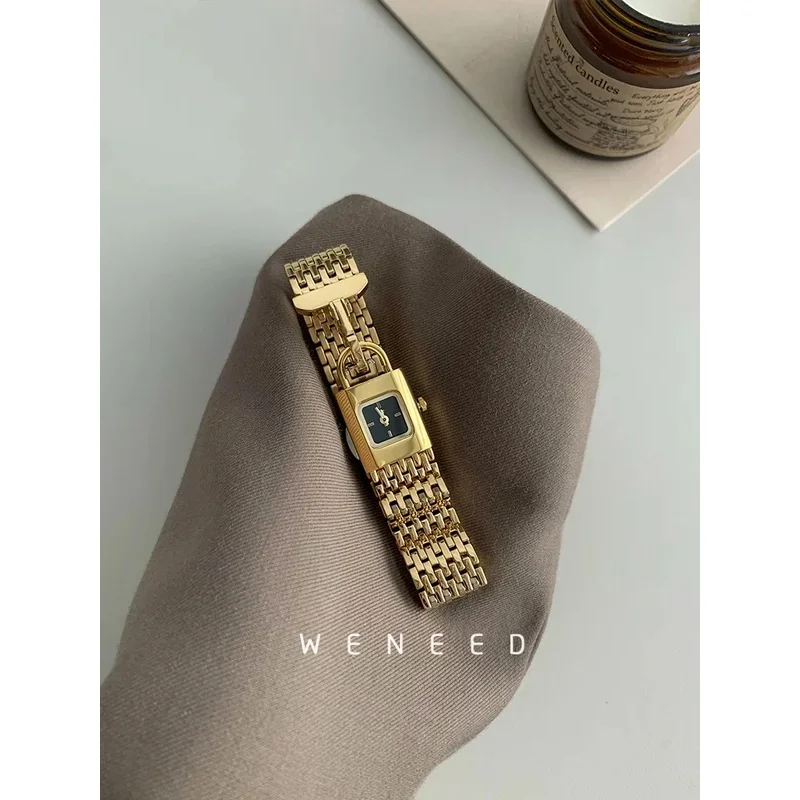Women Vintage Watch Unique Niche Lock Shape Design, Luxury Stainless Steel Strap Ladies Wrist Watch, New Elegant Dress Timepiece