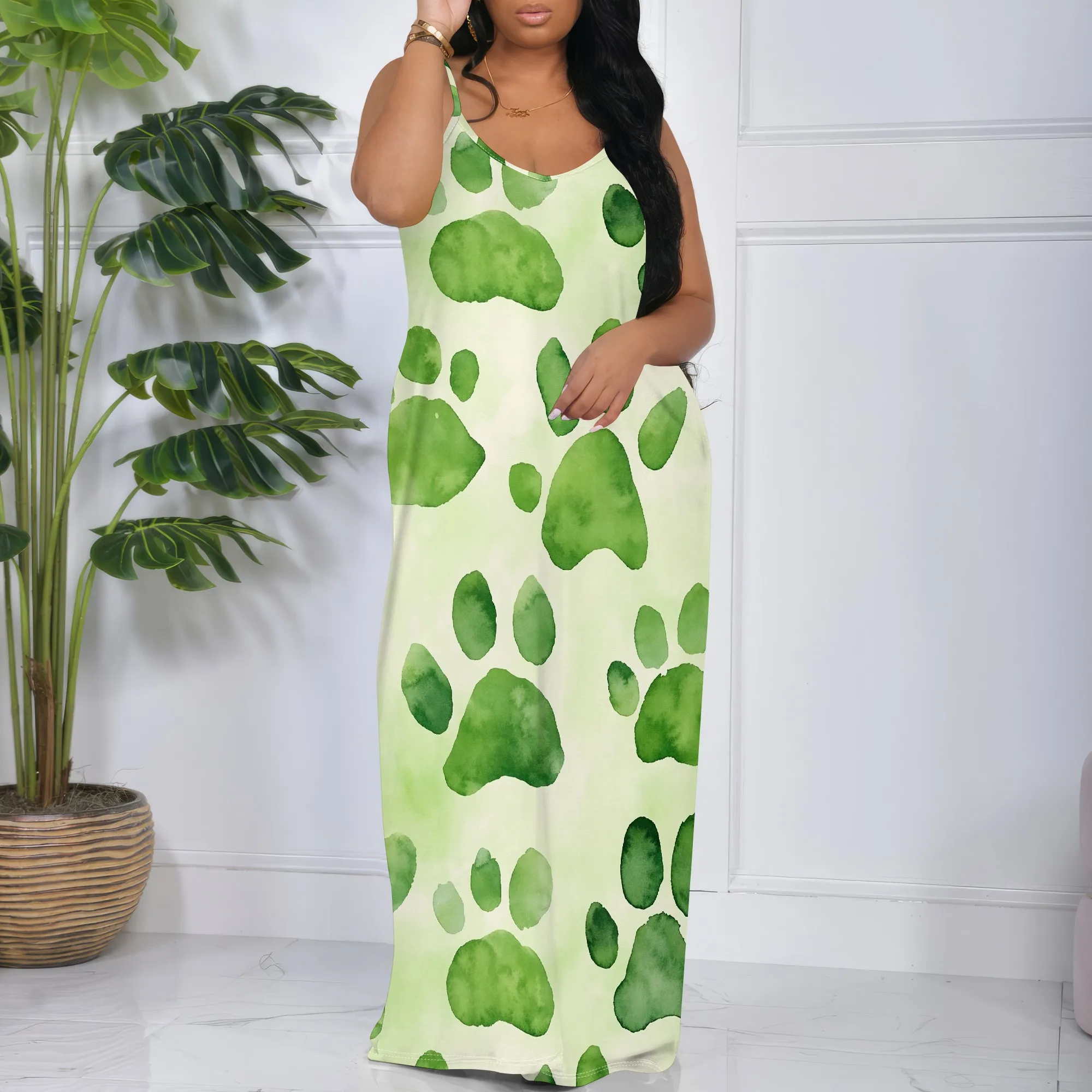 

Plus Size Green Paw Print Maxi Dress for Women - Cute Pet Lover Dress S-3XL | Casual Summer 2025 New Arrival | Dog Lover Outfit