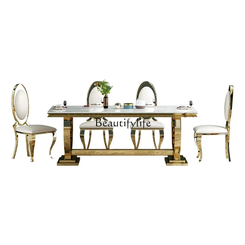 

LD33Light luxury rectangular dining table Small apartment simple post-modern marble household stainless steel dining table