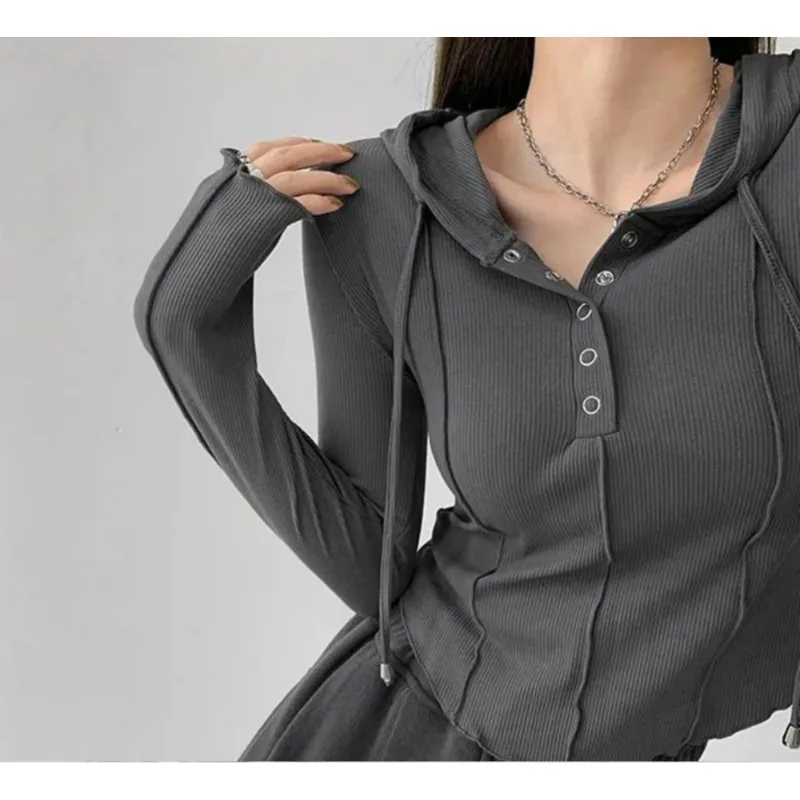 Hooded Button Up Lady Crop Women Top Baby Button Up Women Summer Spring Slim Fit Long Sleeve Streetwear Hight Elastic