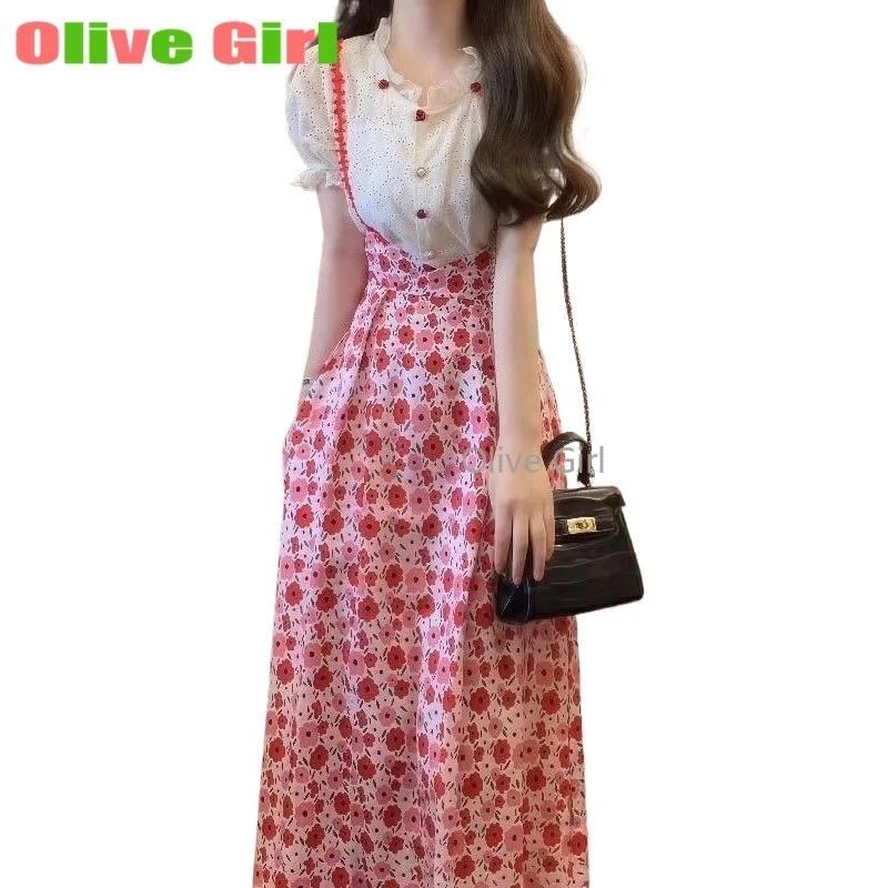 Camisa de estilo francés, mangas de burbuja blancas, estampado de temperamento, tirantes florales, Falda corta, conjunto de dos piezas de verano, ropa de mujer