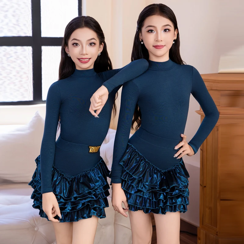 

Новинка 2023 года, костюмы для латинских танцев для девочек, юбки-торты с длинными рукавами, детский костюм для чача-румбы, латинская одежда XH3776