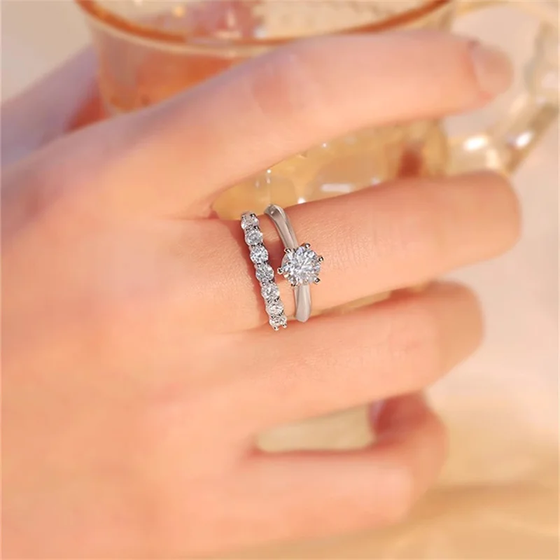 Wedding Ring Set White Gold Plated 1 Carat Cubic Zirconia Stone Marriage Engagement Jewelry Fashion Accessories CC3119