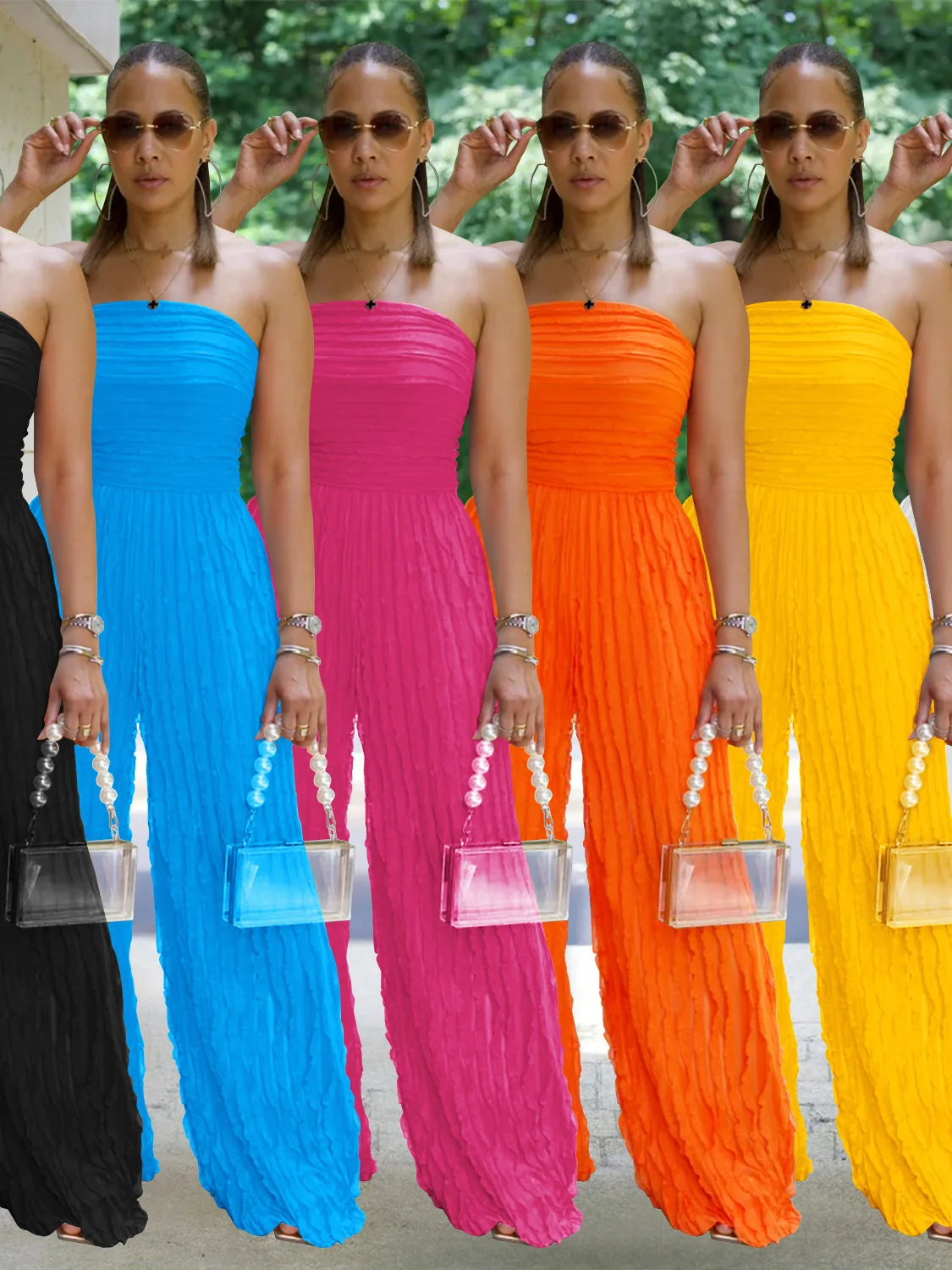 

Off-oulder Wave Pattern Monocomatic Jumpsuit High Waist Wide Leg Pants Street Sle Polyester Fiber plus Size Summer Wear