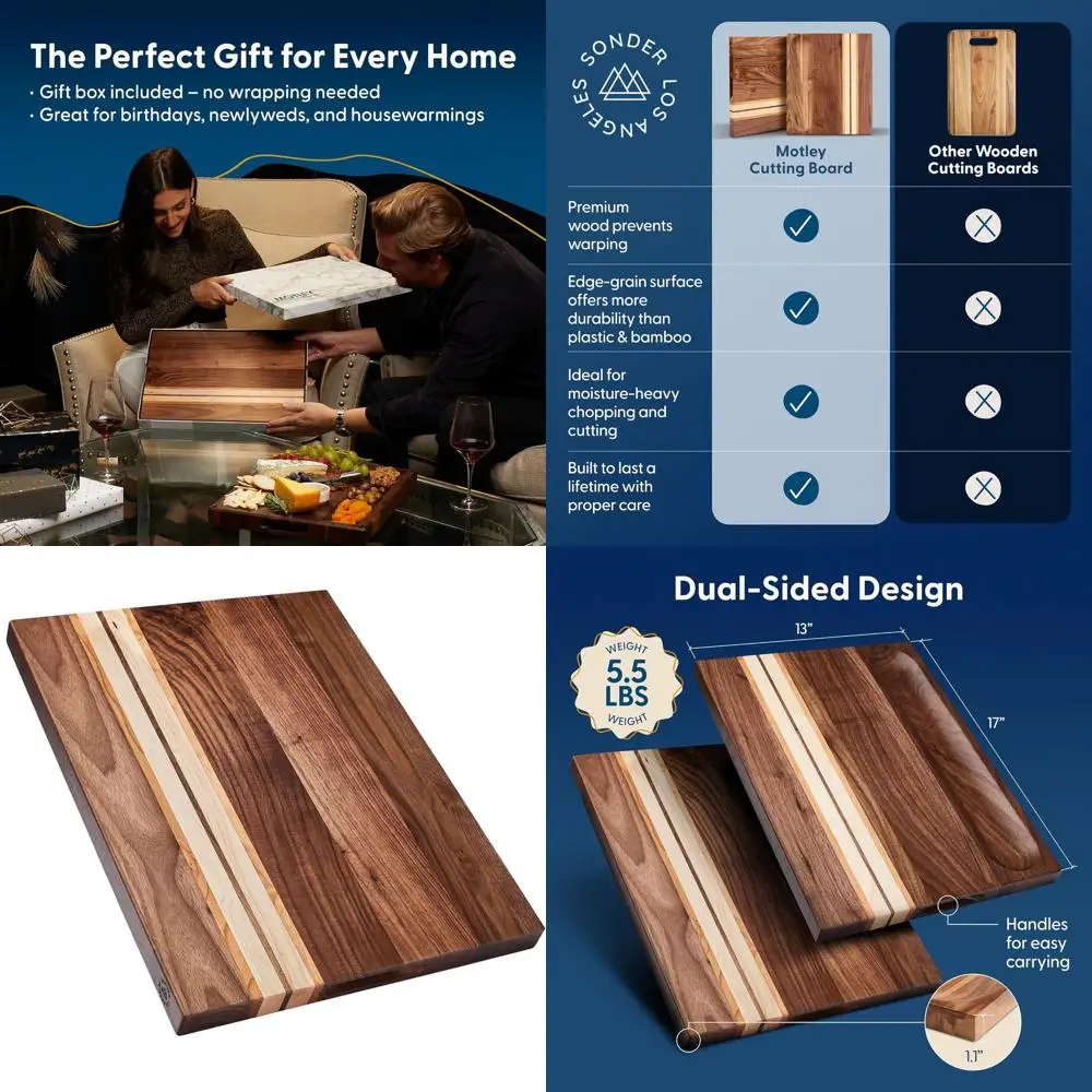 

Двусторонняя разделочная доска из ореха, вишни и клёна с резным краем, для закусок или мясных деликатесов, 17x13x1.1 дюйма, включает коробку для подарков