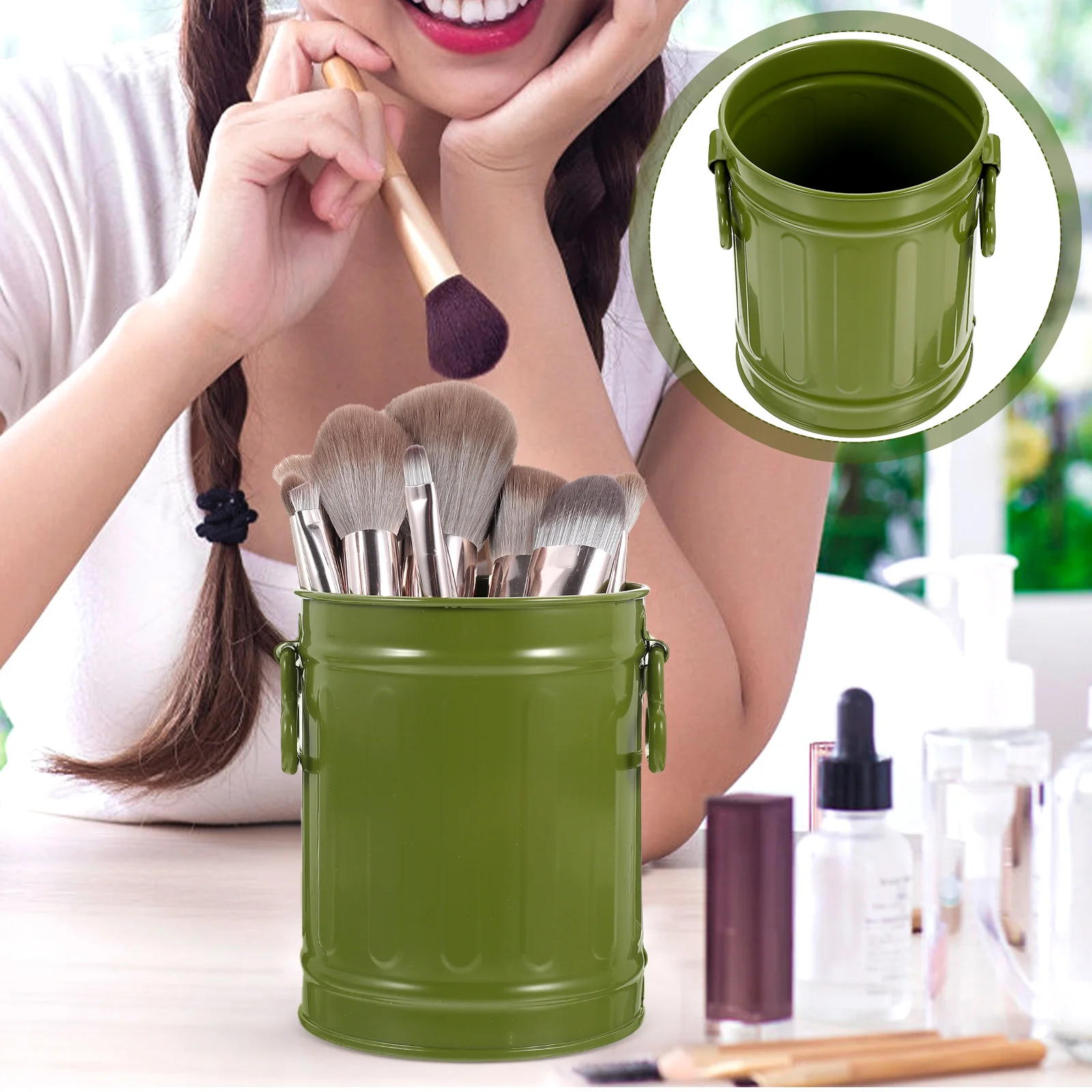 

Iron Trash Can Desk Storage Bucket Pen Holder Multi purpose Stationery Container Waste Bin Office Garbage Bucket Home Bedroom