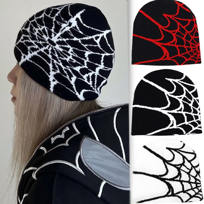 

Gothic Y2K Elastic Spider Web Printed Knitted Hat Warm Outdoor Casual Pullover Skullcap Personality Unisex Beanies for Women Men