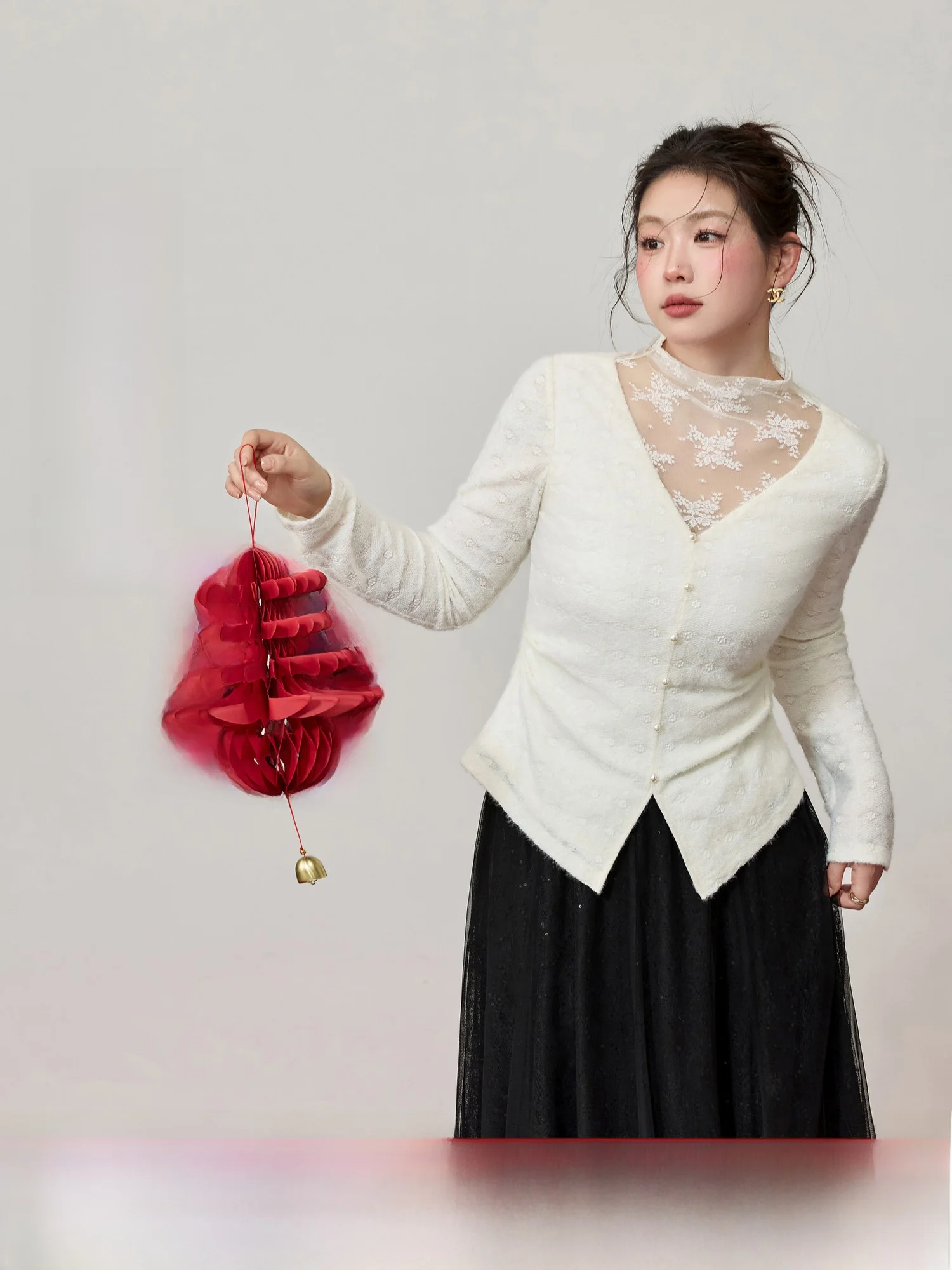 

Blue Language Large Size Lace Patchwork f High Collar Base irt Winter New Sle Waist Slimming Inner Wear Top Women's Fa...