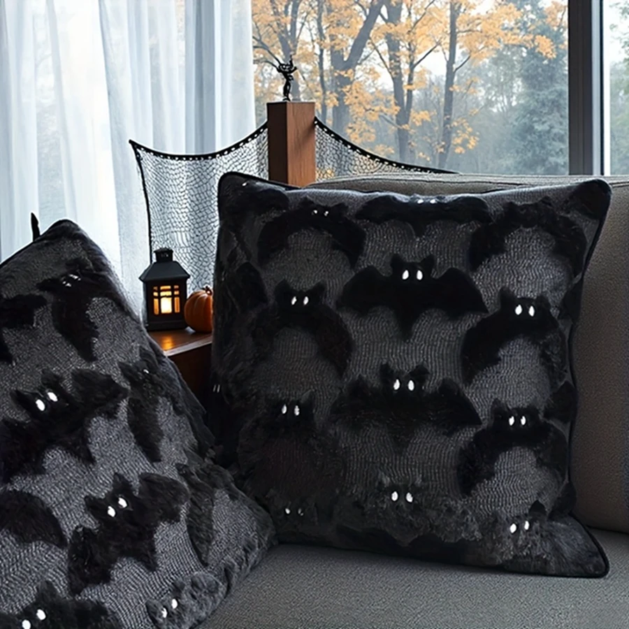 Halloween 3D Plush Bat Throw Pillow Cover 45x45cm Black Cute Bat Cushion Case Sofa Couch Home Holiday Decor
