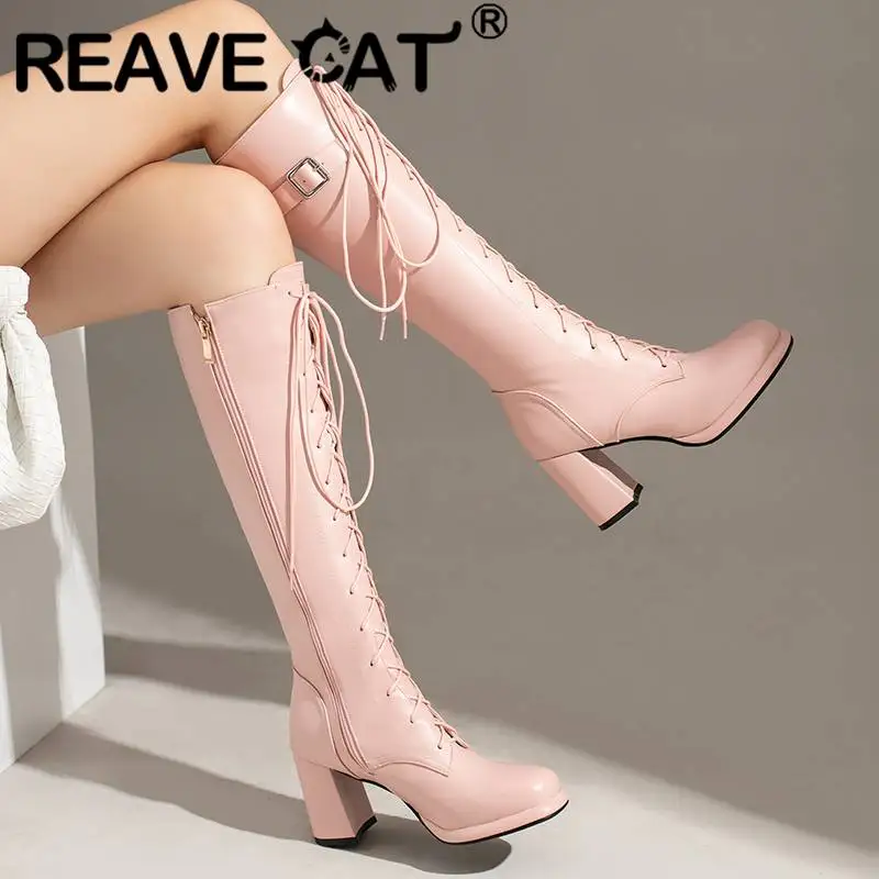 REAVE CAT 2022 stivali al ginocchio da donna 36.5cm piattaforma con punta 1.5cm Lace-up taglia 32-48 Fashion S4277