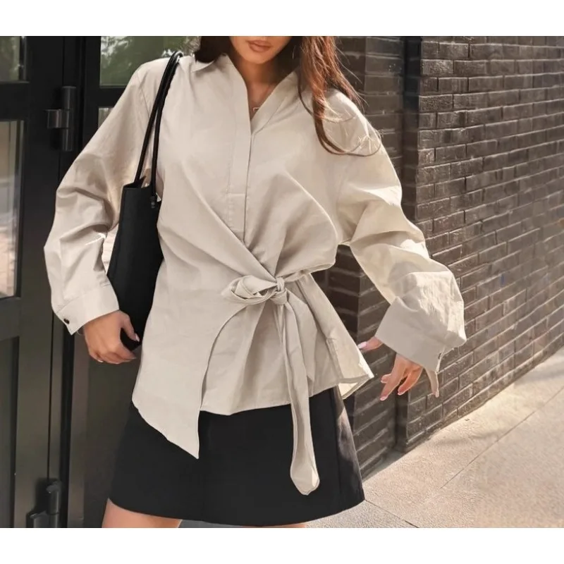 

2025 Fashion Autumn French Style Tie Waist Shirt for Women, Khaki Color, Slim Fit, Pure Cotton Women's Blouse