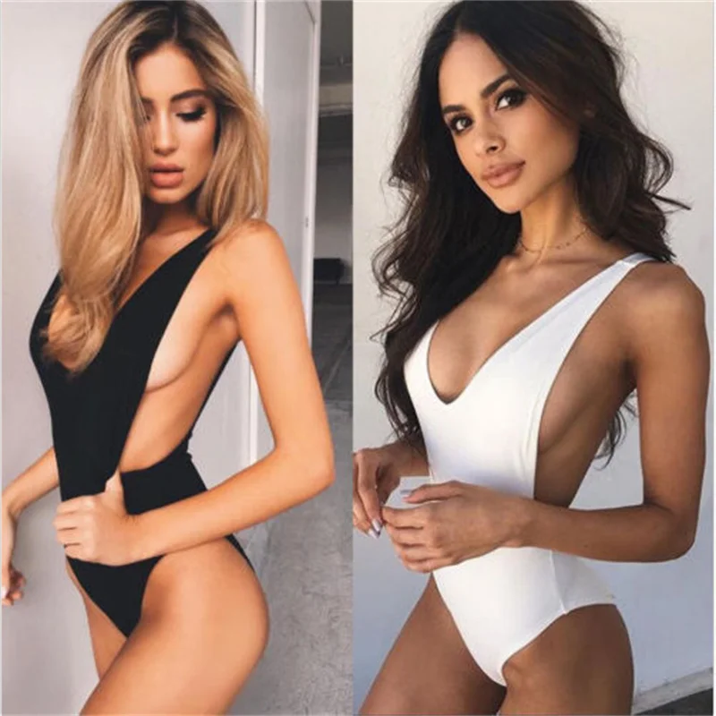 

New women's Bikini sexy solid color slim-fit V-neck swimsuit low cut backless beach party girl cute onesie