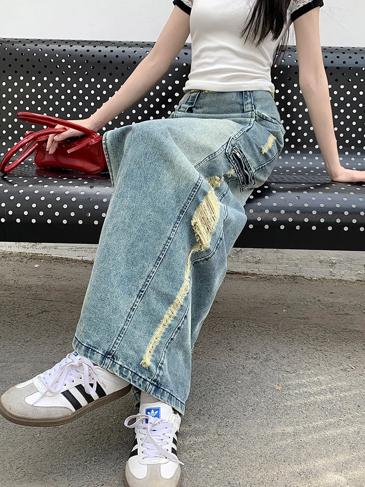Ripped Tassel Denim Skirt Y2K Harajuku Split Jean Skirts Women 2025 New Holes Long Skirt
