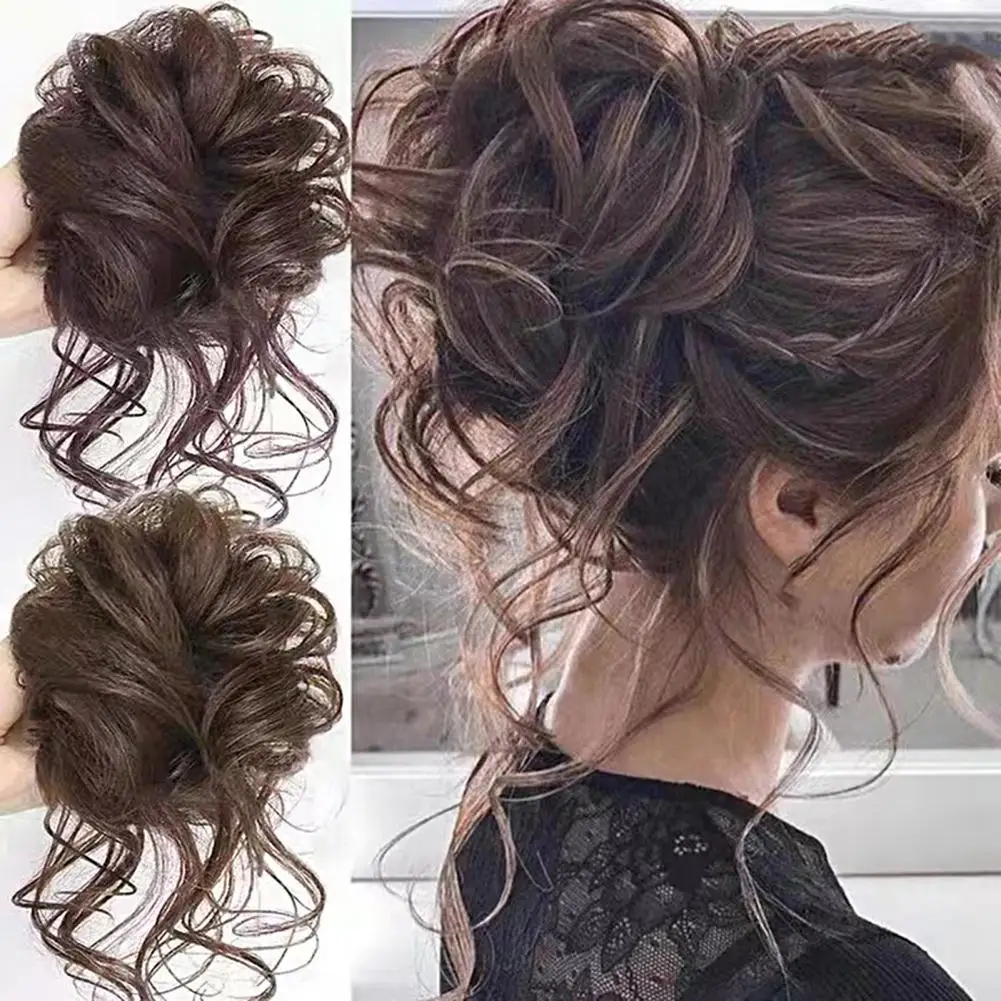 Moño de pelo sintético para mujer, moño rizado desordenado, banda elástica, Scrunchy, piezas de cabello falso, horquillas, negro, marrón