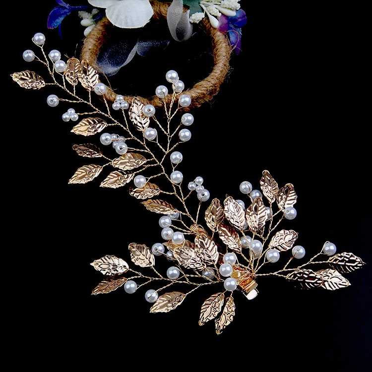 Rhinestone Peal Bridal Hairpin Gold  Alloy Leaf Headpiece Wedding Headclip Hair Accessories Jewelry Bride Headdresses for Party