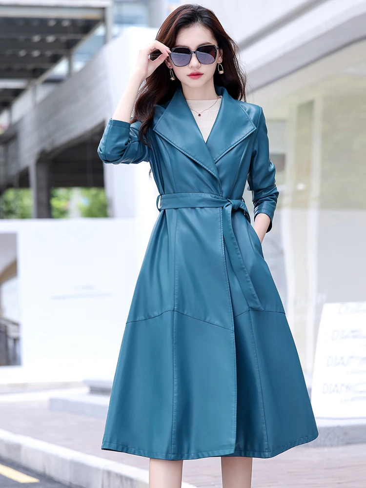 Nuovo Cappotto in Vera Pelle Haifeng Autunno Inverno 2024, Giacca da Donna di Media Lunghezza in Pelle di Pecora con Cintura, Slim Fit e Trendy