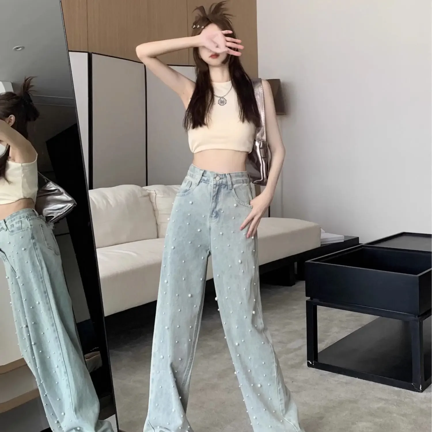 Women's Jeans High Waist Straight Blue Beaded Pearls Denim Pants Spring Autumn Chic Streetwear Design Baggy Jeans Women Clothing