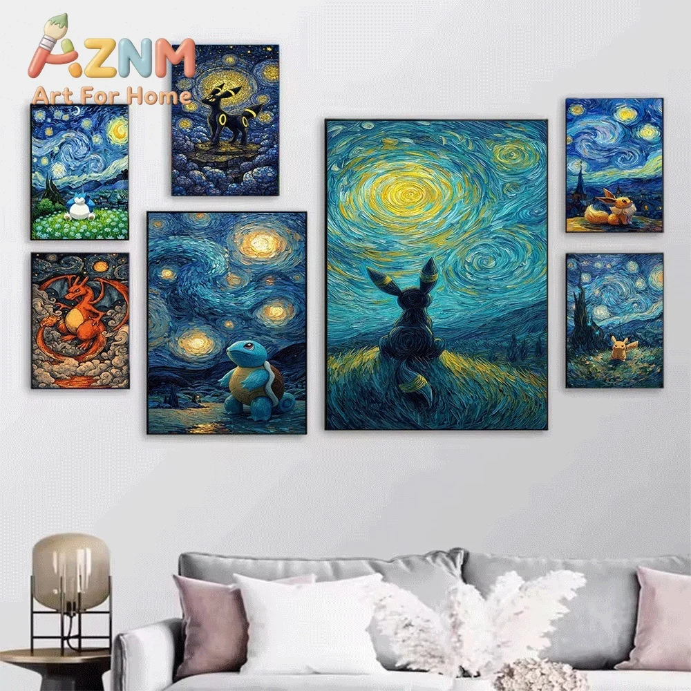 Pokemon Anime Canvas Wall Art No Frame Starry Night Van Gogh Style Mimikyu Pikachu Gengar Print Poster for Bedroom Living Room