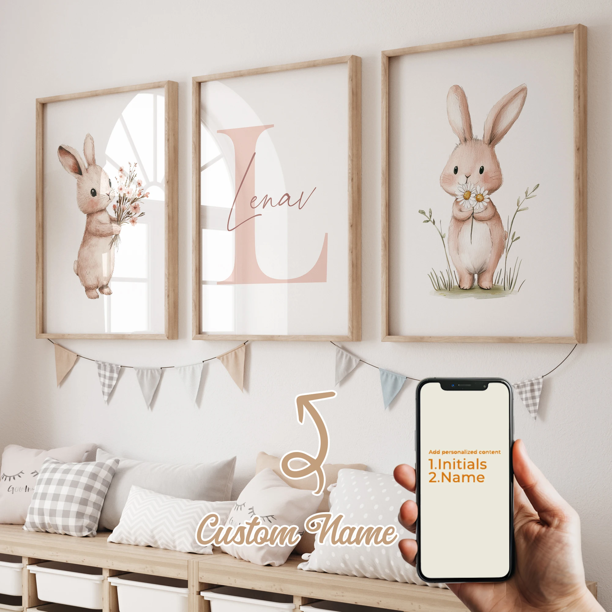 3pcs Personalized Custom Name Cartoon Pink Rabbit Wall Art Print Picture Canvas Poster Painting For Living Child Room Home Decor