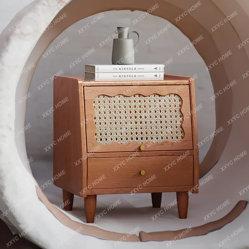 Rattan Classic Wooden Nightstand Walnut European Glass Storage Nordic Bed Side Table Bedroom Cabinet Mesa De Noche Furniture