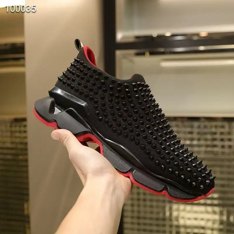 Luxury Red Bottom Rivet Shoes Fashion Design Rivets Male Sneakers Red Black Mixed-color Serrated Shape Casual Sports Trainers