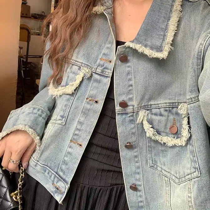Giacca da donna Cappotto in denim lavato con nappe impiombate Colletto rovesciato Capispalla Mamma Jeans Cappotti Tasche a maniche lunghe Giacche vintage