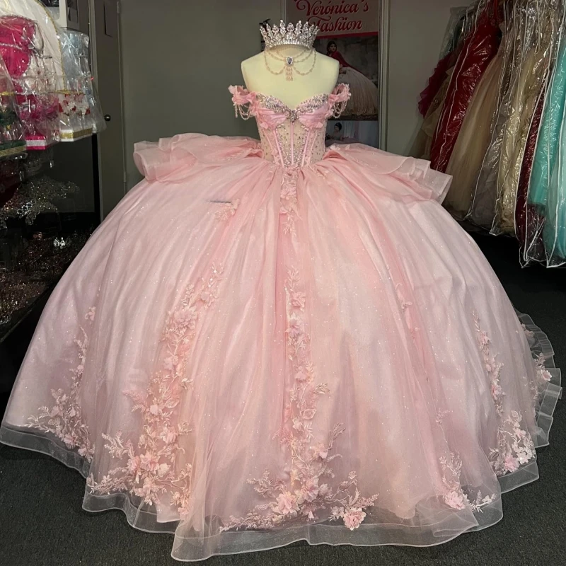 

Pink Shiny Quinceanera Dresses Off The Shoulder Applique Flower Beads Tull Ball Gown Vestidos De 15 Anos Sweet 16 Dress