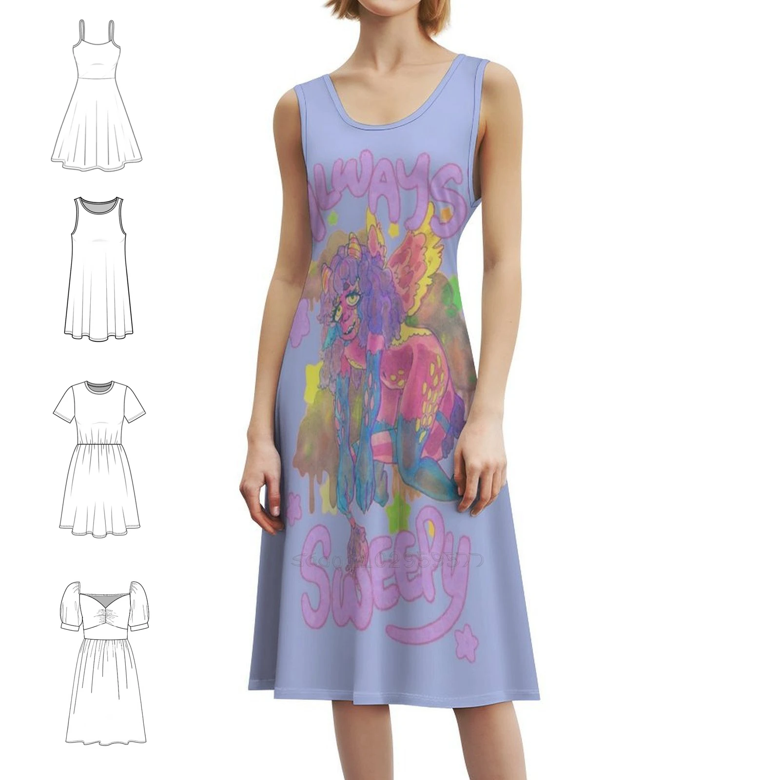 

Богемное платье без рукавов с сонным драконом и несколькими принтами, пляжное праздничное платье для отдыха и отдыха, милое платье с изображением дракона и облаков, мечтательная вечеринка для девочек-монстров