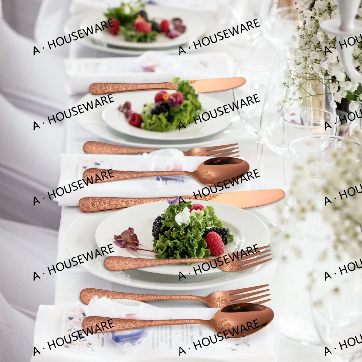 Rose Gold Floral Flatware Set for 8 Stainless Steel Silverware 40 Piece Eating Utensils Cutlery for Home Parties Festival