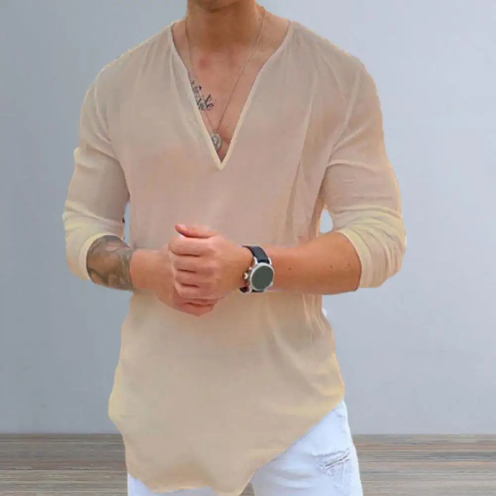 Summer Men T-Shirt Solid Color Three-quarter Sleeves V-Neck Casual Shirt Loose Fit  Sweat Absorption Shirt Top Streetwear