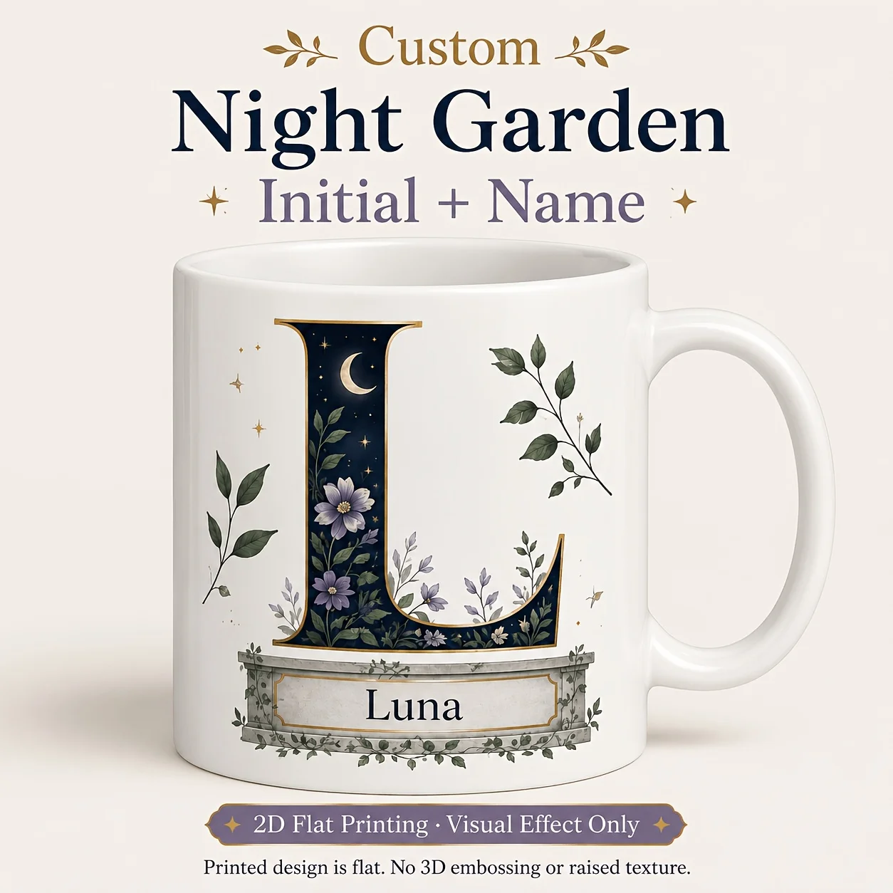 Custom Initial Night Garden Window Ceramic Coffee Mug 11oz 2D Print 330ml Colored Interior Gift Women Reader Plant Lover