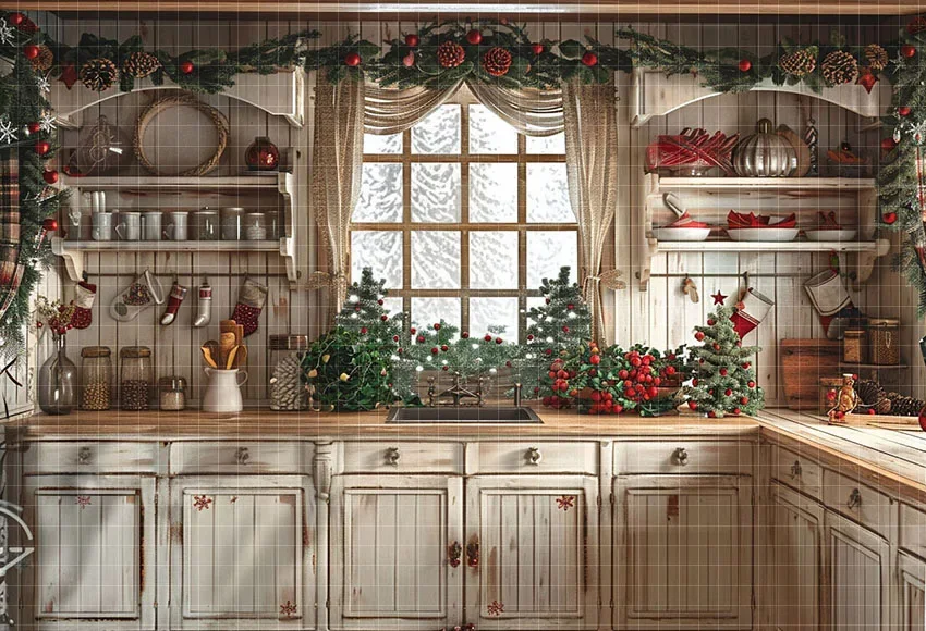 Mehofond Photography Background Winter Christmas Kitchen Window Xmas Tree Gifts Kids Family Portrait Decor Backdrop Photo Studio