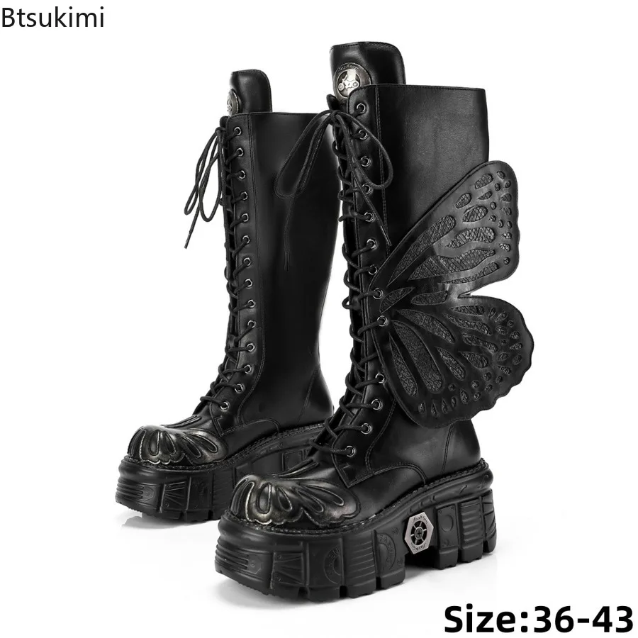 Platform Butterfly Wings Decoration Ankle Boots Sexy Round Toe Matte Leather Motorcycle Boots New Fashion Women Modern Boots
