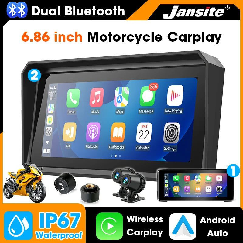 Srnubi 6.86'' IP67 Waterproof Carplay Android Auto Motorcycle GPS Navigation Digital Motobike Dashboard Moto DVR Video Recorder