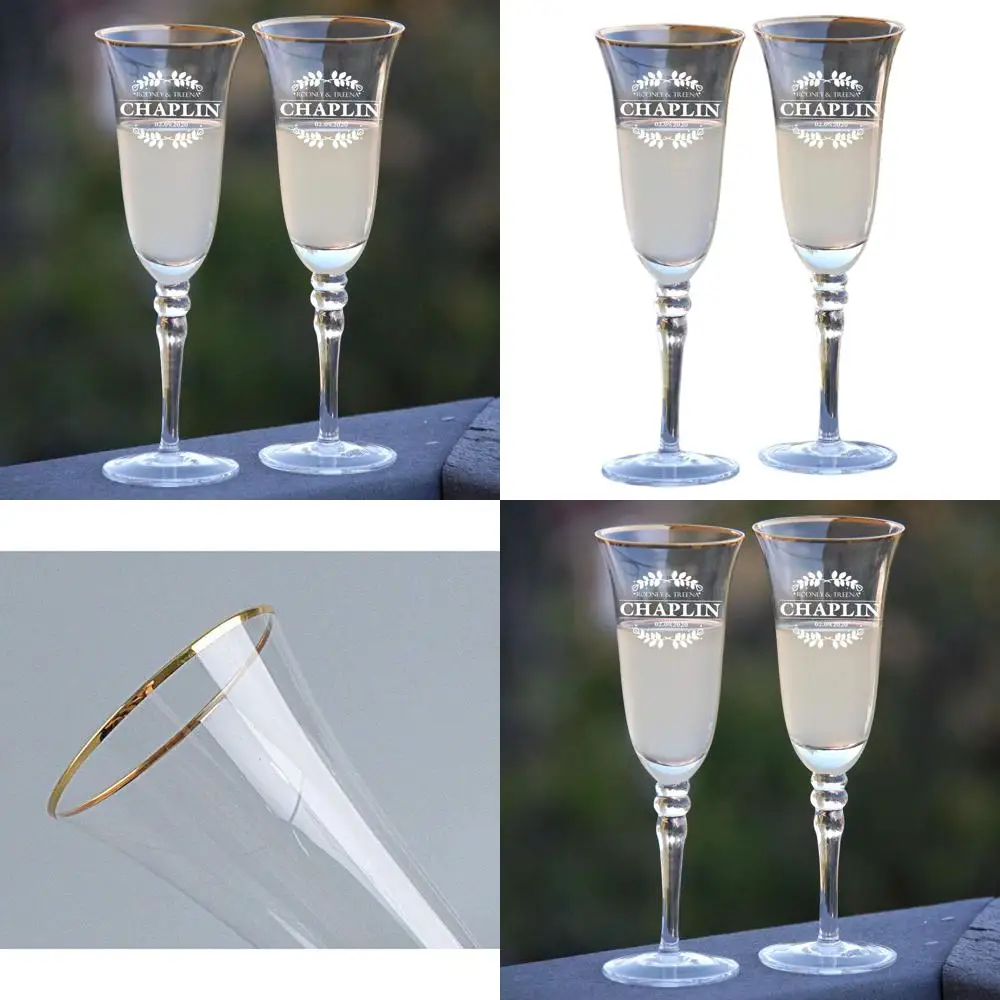 

Бокалы для шампанского с индивидуальной гравировкой для свадебного тоста - Золотые бокалы с золотой окантовкой для жениха и невесты