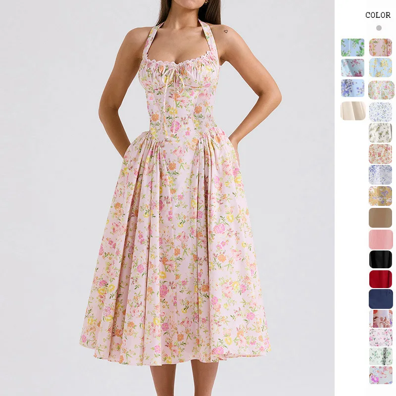 Vestidos de coquetel vintage linha A feminino, cabide estampado floral, vestidos de baile sem mangas, comprimento sexy chá, festa noturna, saias de verão