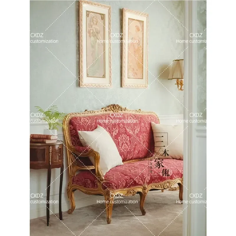 Retro Solid Wood Carved Floral Sofa Classical Luxury Fabric Furniture for Living Room Customizable Whole House Decor