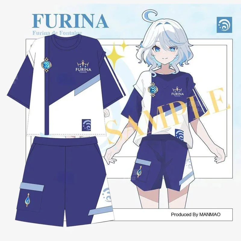 

Genshin Impact Furina Cosplay T-Shirt and Shorts Tops Pants Set Focalors Costume Short Sleeve Summer Streetwear Sportwear