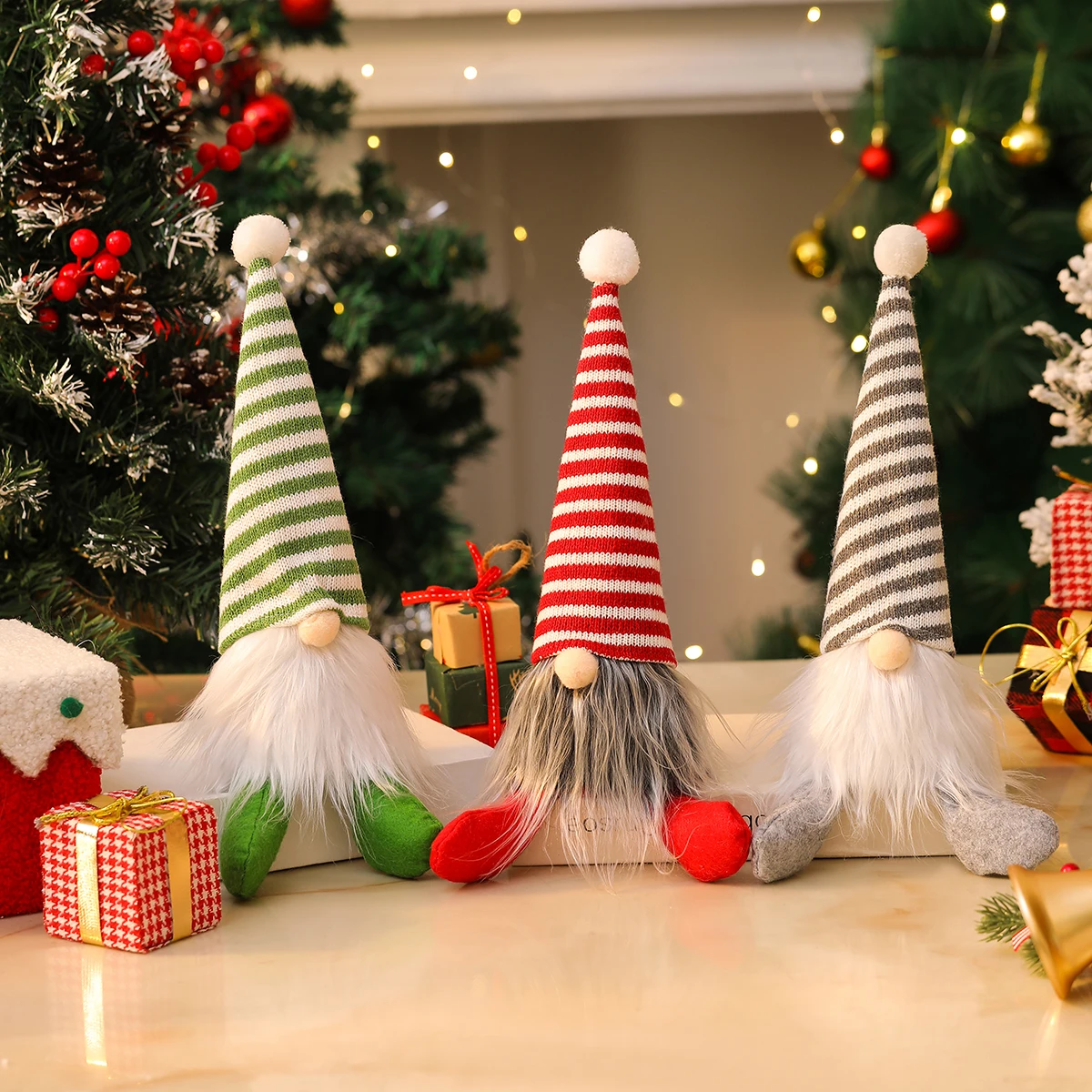 Articles de décoration de Noël - Style nordique, sans poignée, rayé, poupée de Père Noël sans visage, objet de décoration de vitrine