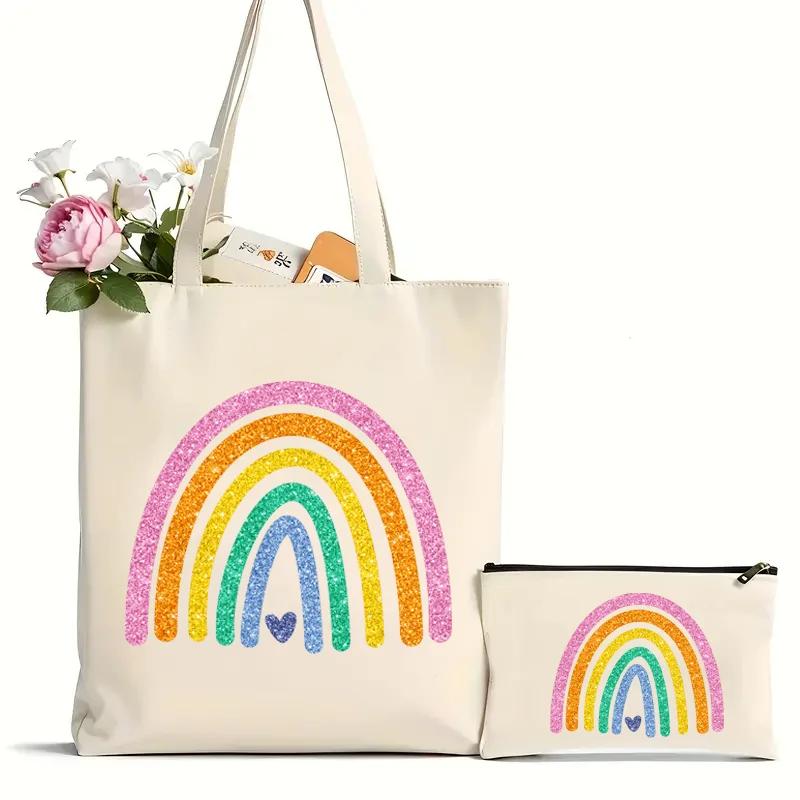 

2Pcs Shining Rainbow Cute Pattern Tote Bag Canvas Shoulder Bag for Travel Daily Commute Women