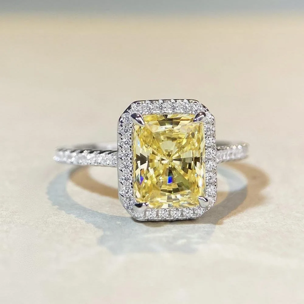 

Independent website best-selling PT950 platinum yellow diamond ring, Radiant Cut ice flower zirconia gemstone diamond ring