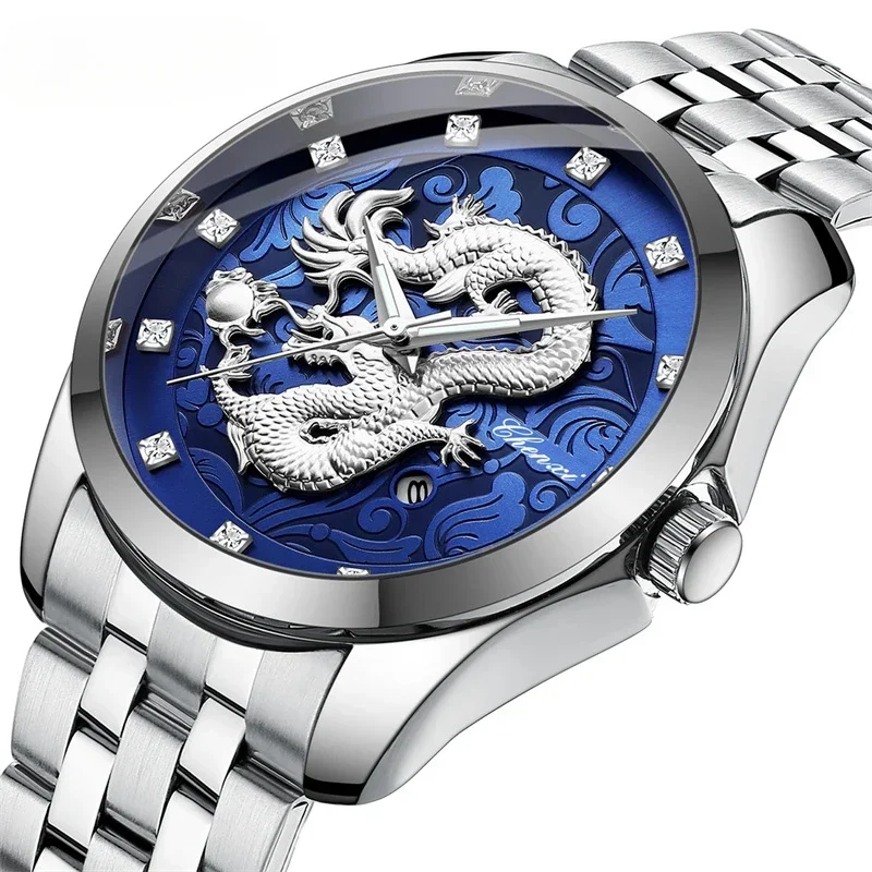 Dragon Pattern Men's Quartz Watches Silver Stainless Steel Calendar Casual Wristwatch for Men Waterproof Daily Party Gift Clock